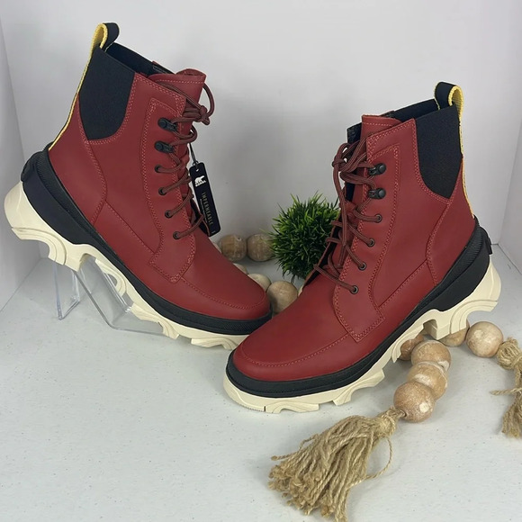 Sorel Boots Womens Brex Lace-Up Red Black Waterproof Bootie Modern Chunky Heel - Picture 1 of 11